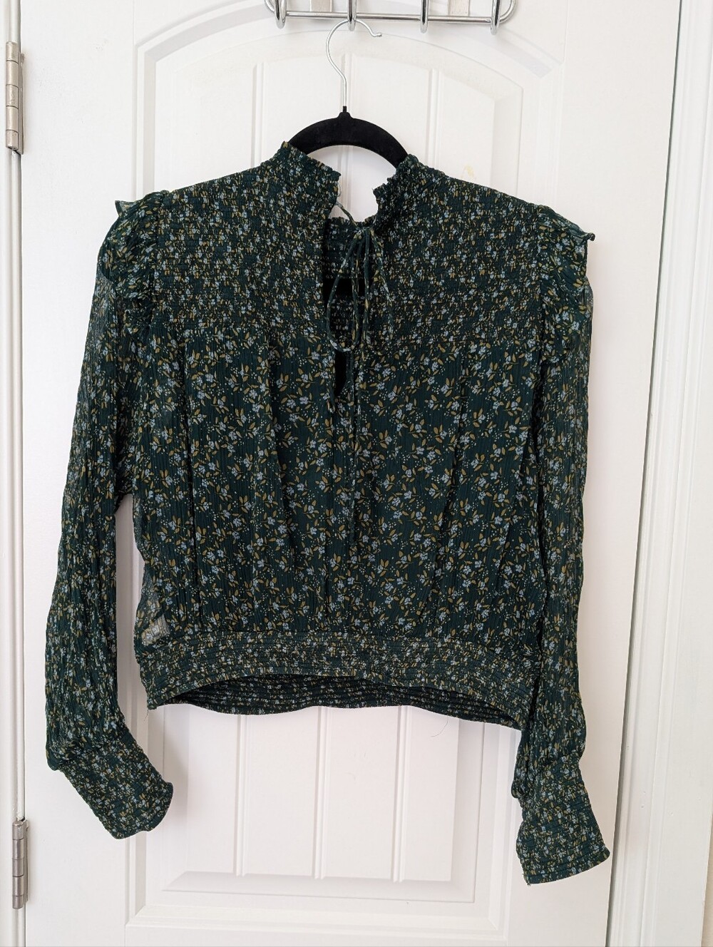 Free People Sheer Floral Long-Sleeve Blouse in Dark Green - Picture 8 of 9